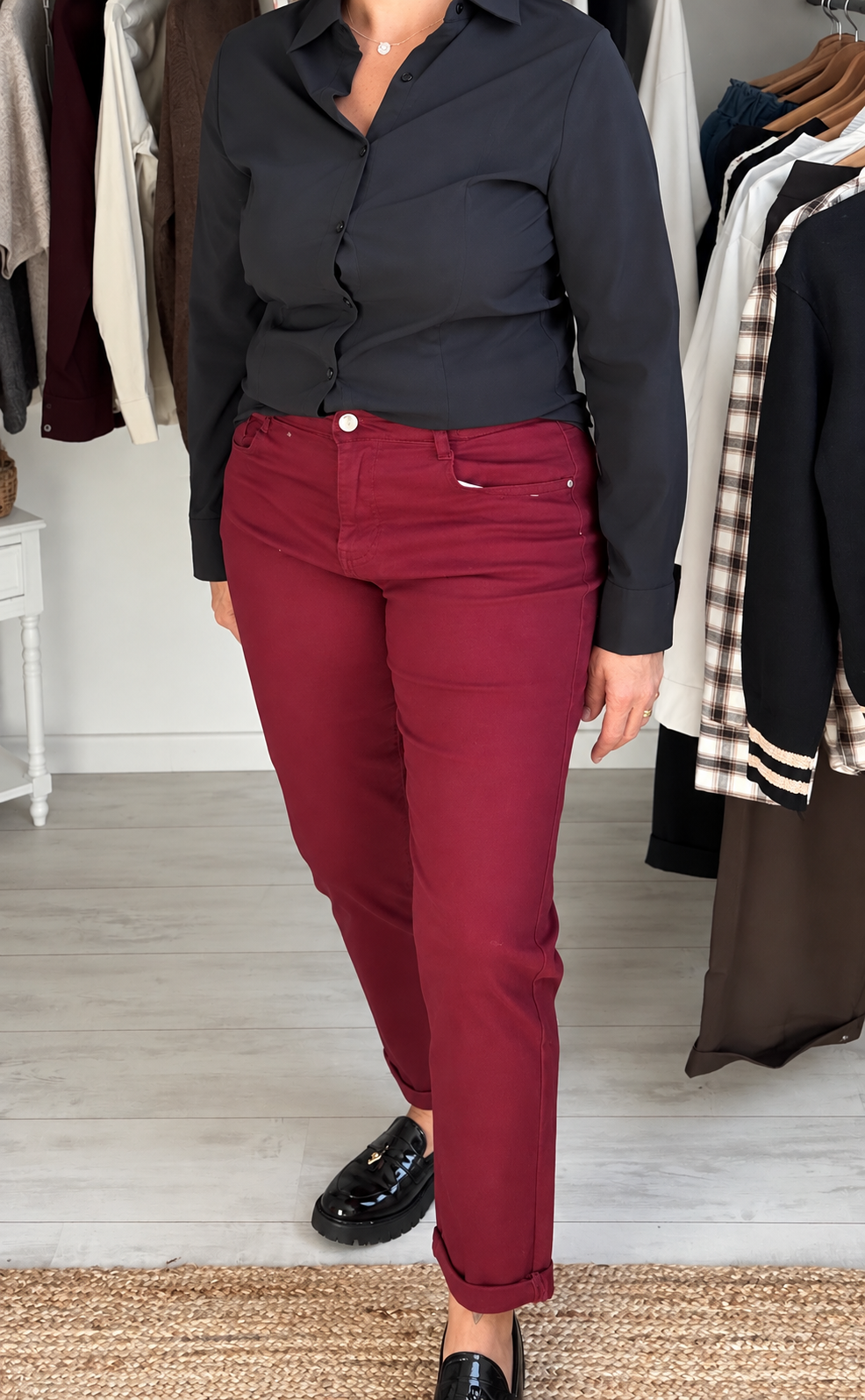 Pantalon Mum Romy – Beige, Bordeaux & Noir
