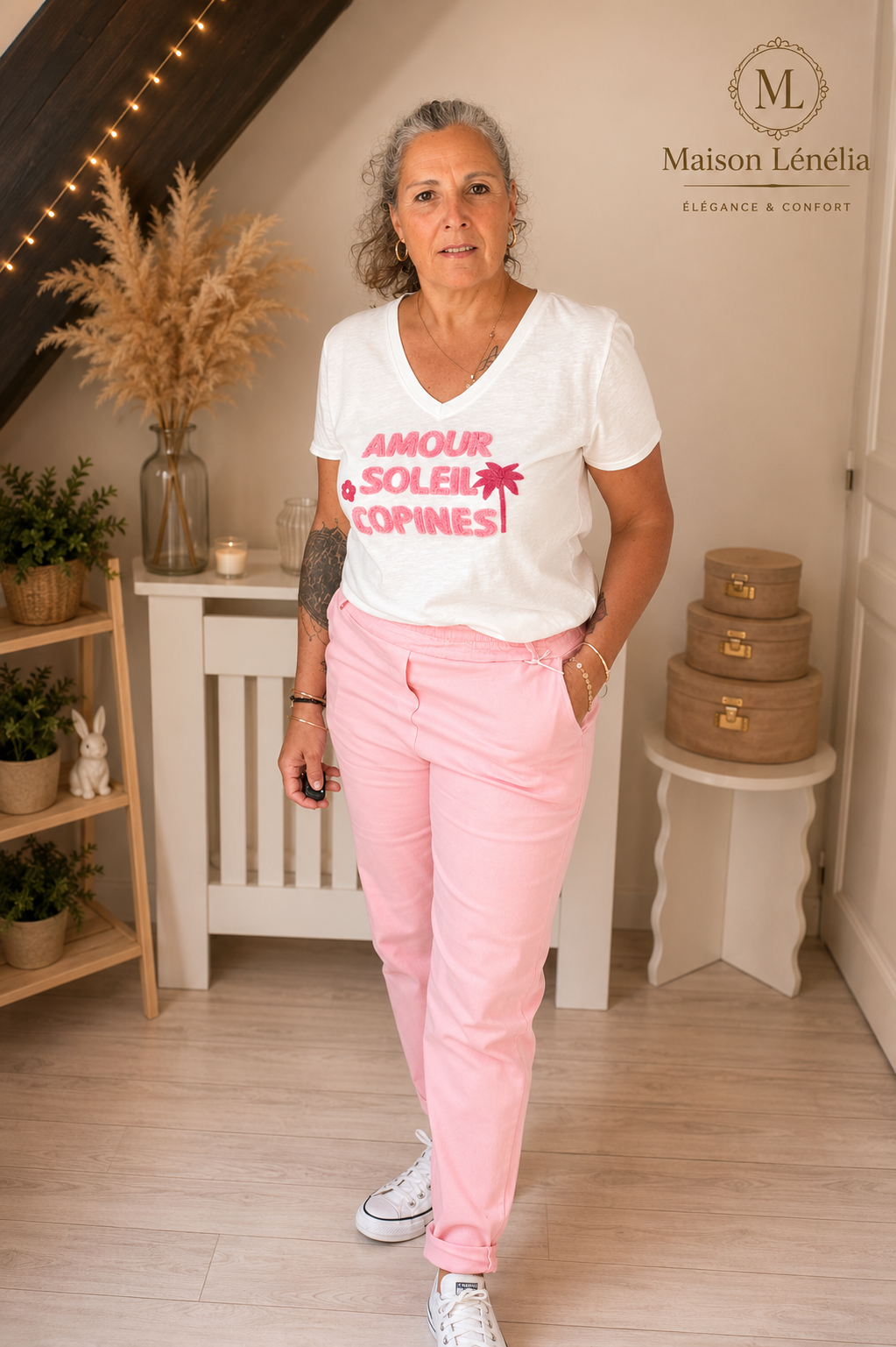 Ensemble Pantalon Coton Strech et Tee-shirt “Amour Soleil Copines” – Esprit Summer Existe en 5 coloris