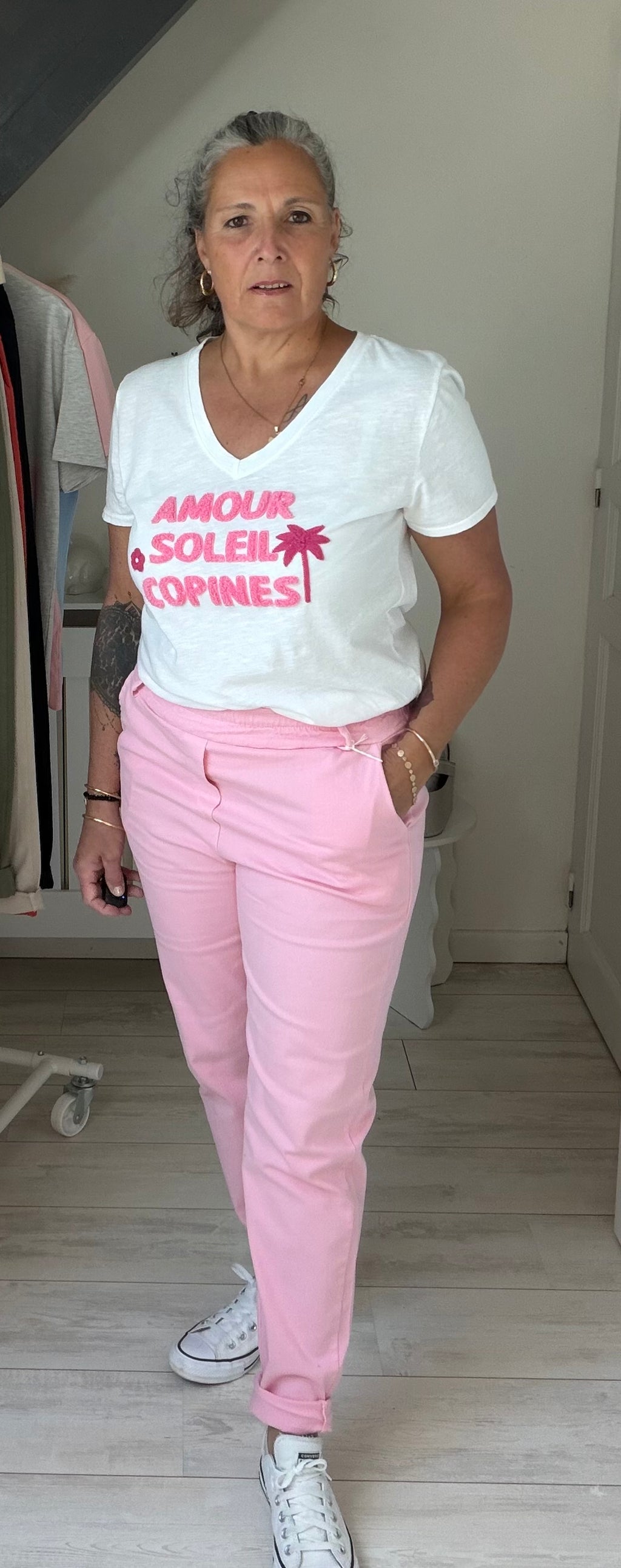 Ensemble Pantalon Coton Strech et Tee-shirt “Amour Soleil Copines” – Esprit Summer Existe en 5 coloris